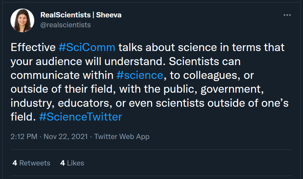 screenshot of a tweet from the realscientists twitter about effective science communication