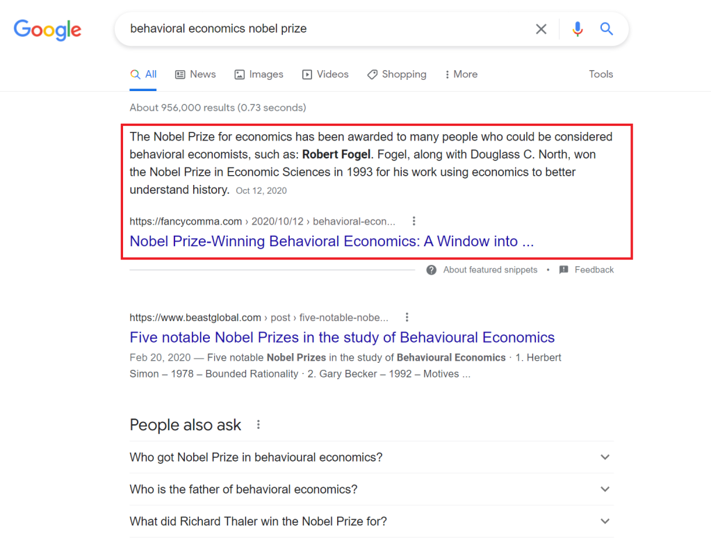 screenshot of google search results page for "behavioral economics nobel prize"