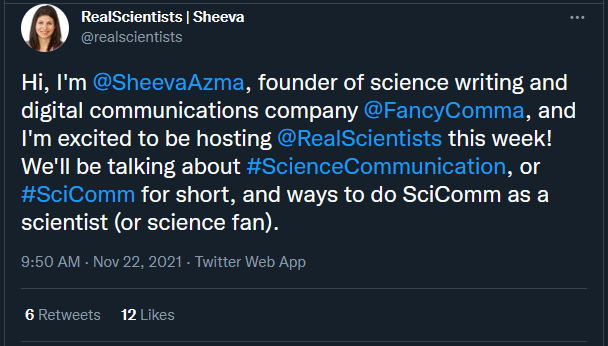 screenshot of a tweet from @realscientists introducing sheeva azma, host from november 20 through november 28, 2021. 