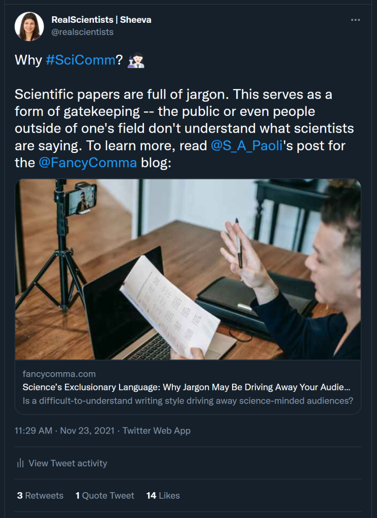 screenshot of a tweet discussing why scientific jargon makes science inaccessible