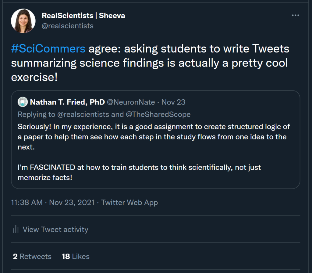 screenshot of a tweet discussing useful scicomm exercises in the classroom