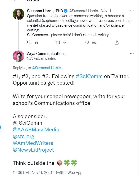 screenshot of a tweet in which monisha arya details her favorite accounts on Twitter to learn about SciComm
